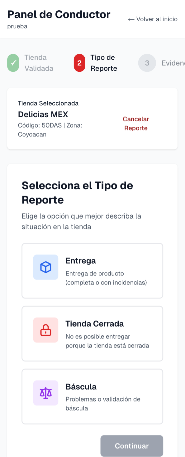 Tipo de reporte tienda cerrada