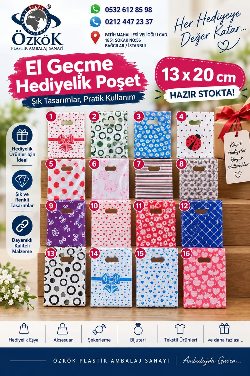 El Geçme Hediyelik Poşet - 16 desen 13x20 cm