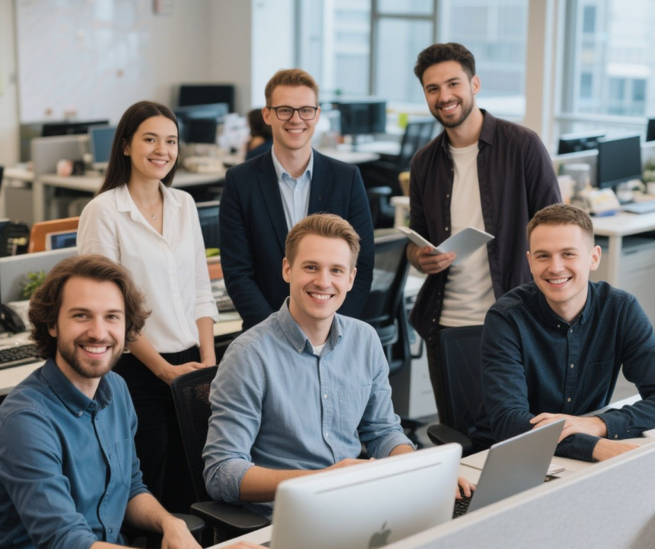 A diverse and collaborative team working in a modern office.