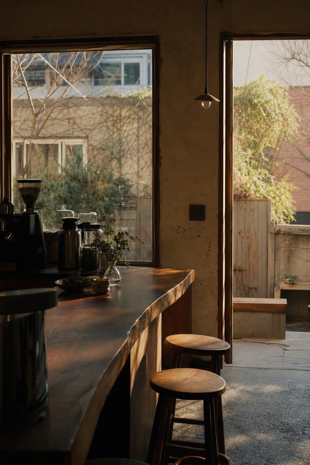 Morning light streaming into the Yeonhui Coffee interior