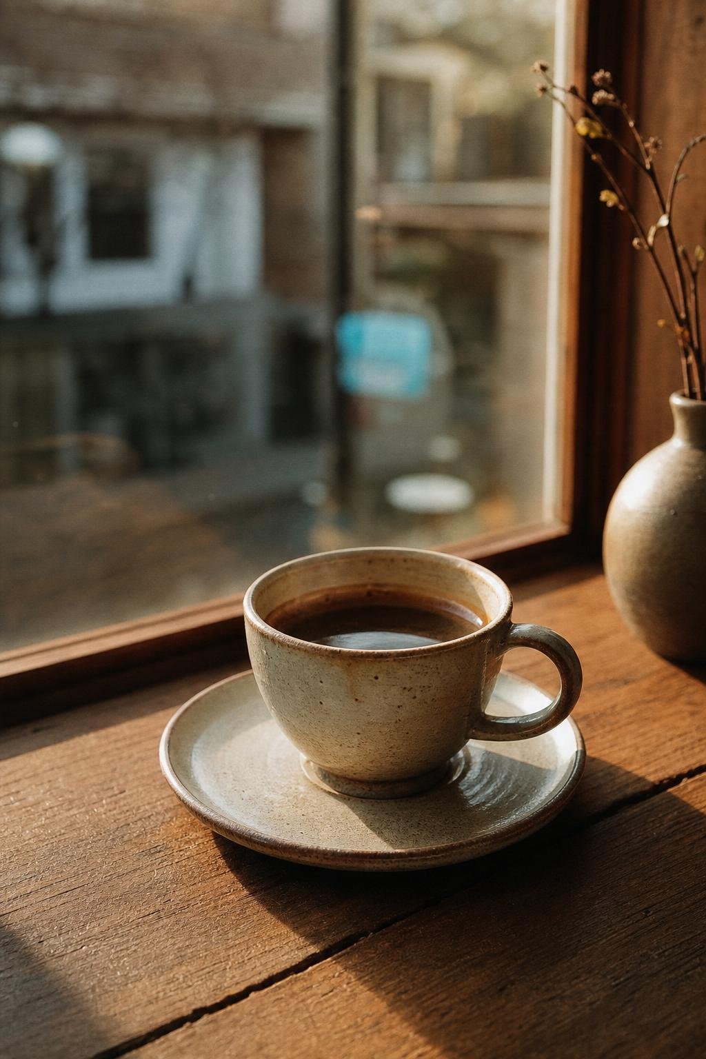 A ceramic coffee cup on a solid-wood table by the window