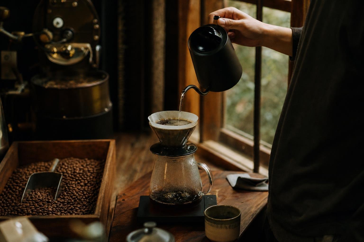 Freshly roasted beans and a hand drip