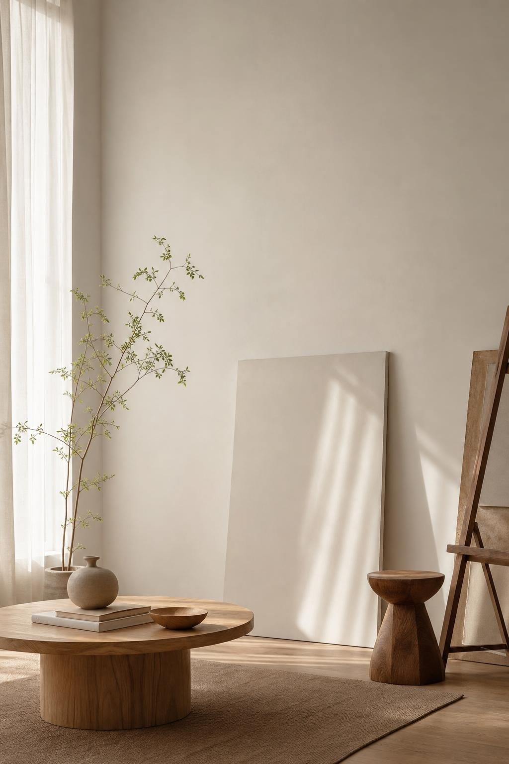 A studio corner of calm off-white walls and oak wood