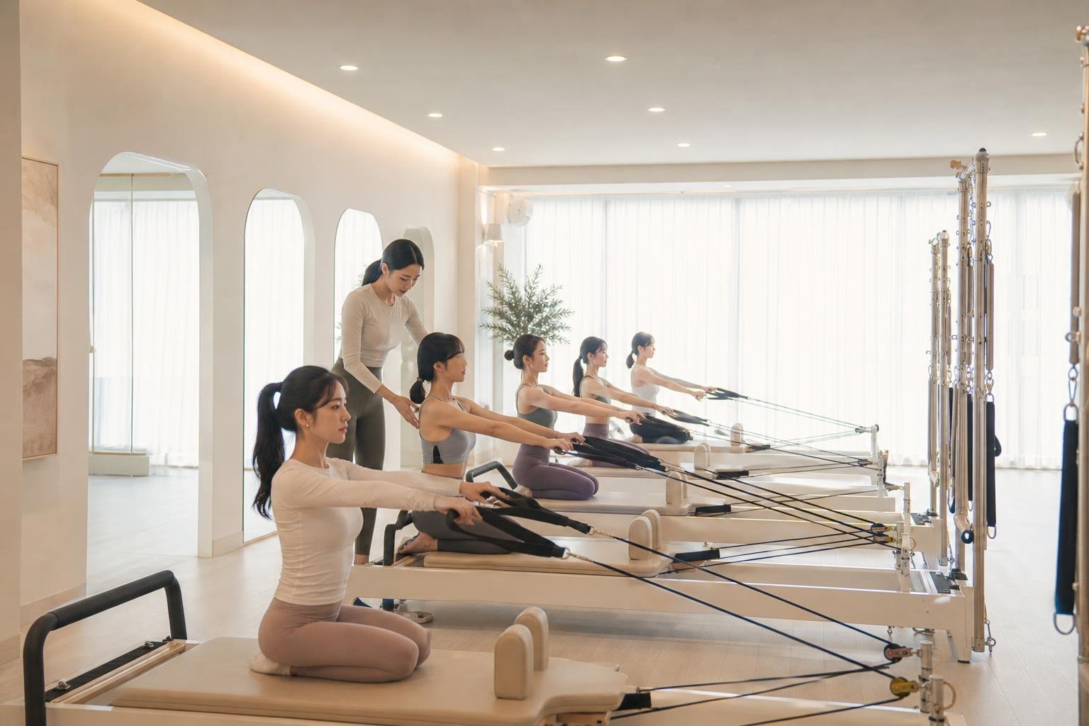A small group class in a spacious studio lined with reformers
