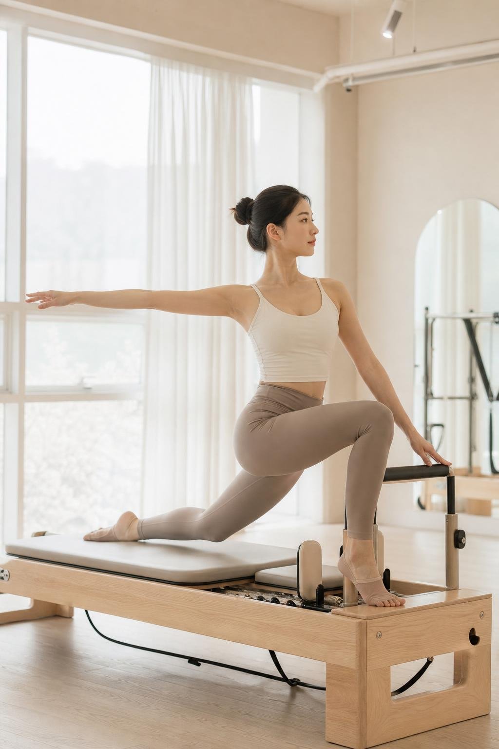 An instructor holding a static pose on the reformer