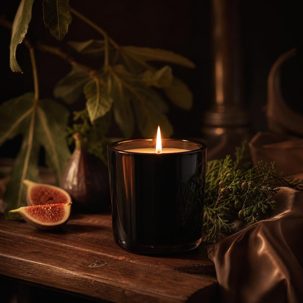 Still life of a lit Fig & Cedar candle