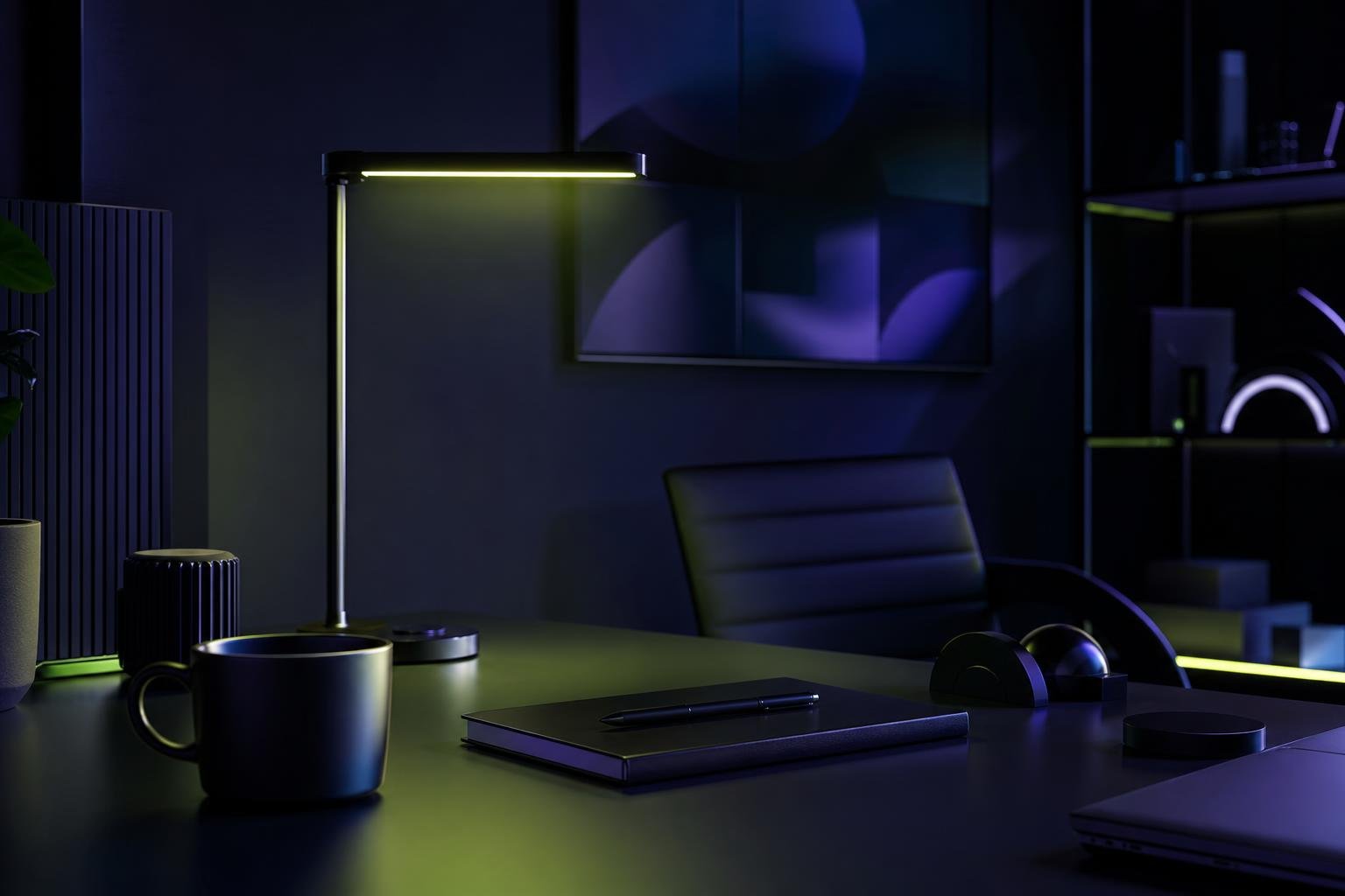 A coffee cup and notebook on a desk in a dark office bathed in lime-toned light