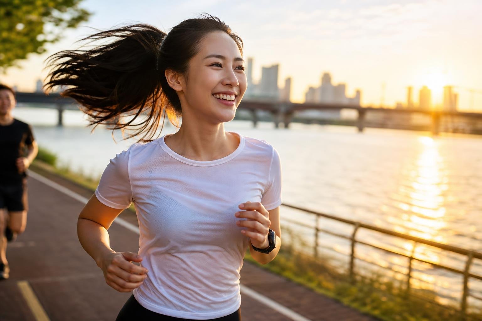 A first-time crew member smiling while running along the Han River