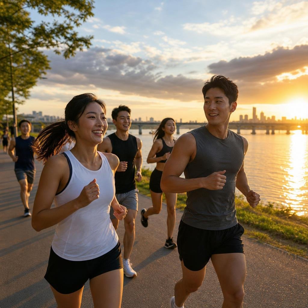 The Seoul Runners crew running the Han River together