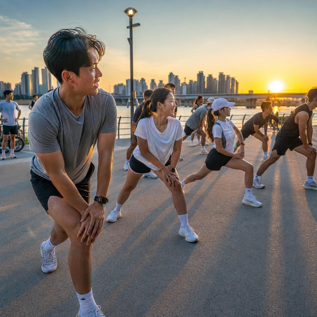 Seoul Runners crew warming up before a run at the Banpo Han River Park meeting point
