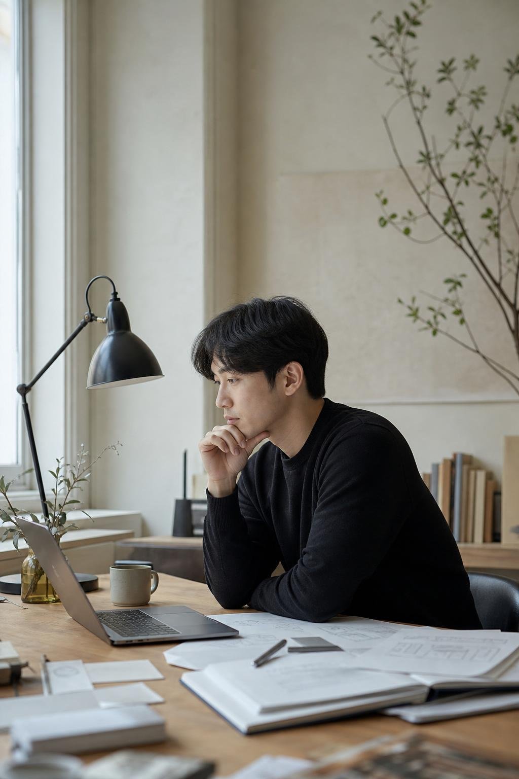 Vertical portrait of a developer seated at a desk by the window in their studio