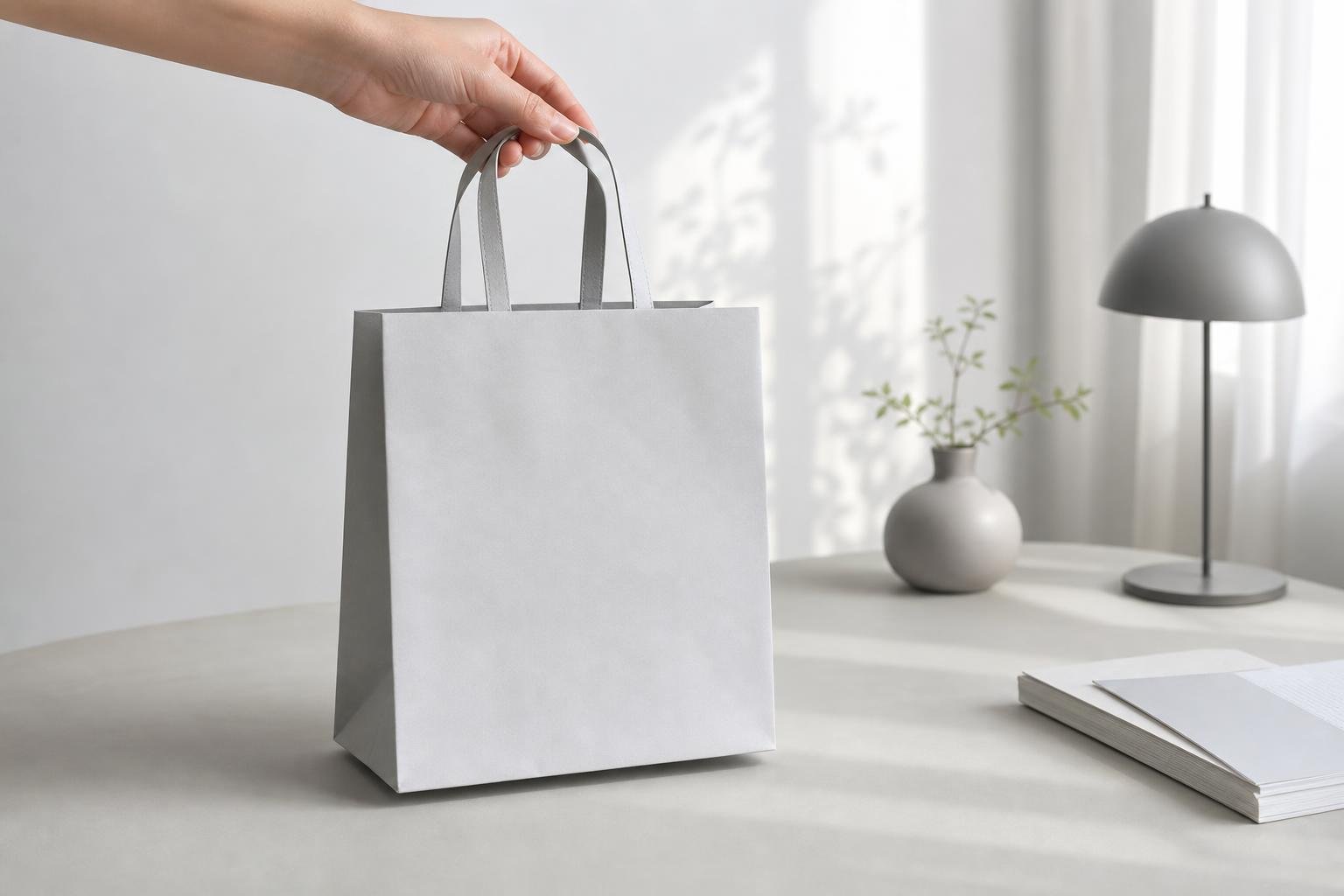 A hand holding a paper shopping bag in a bright studio, soft natural light