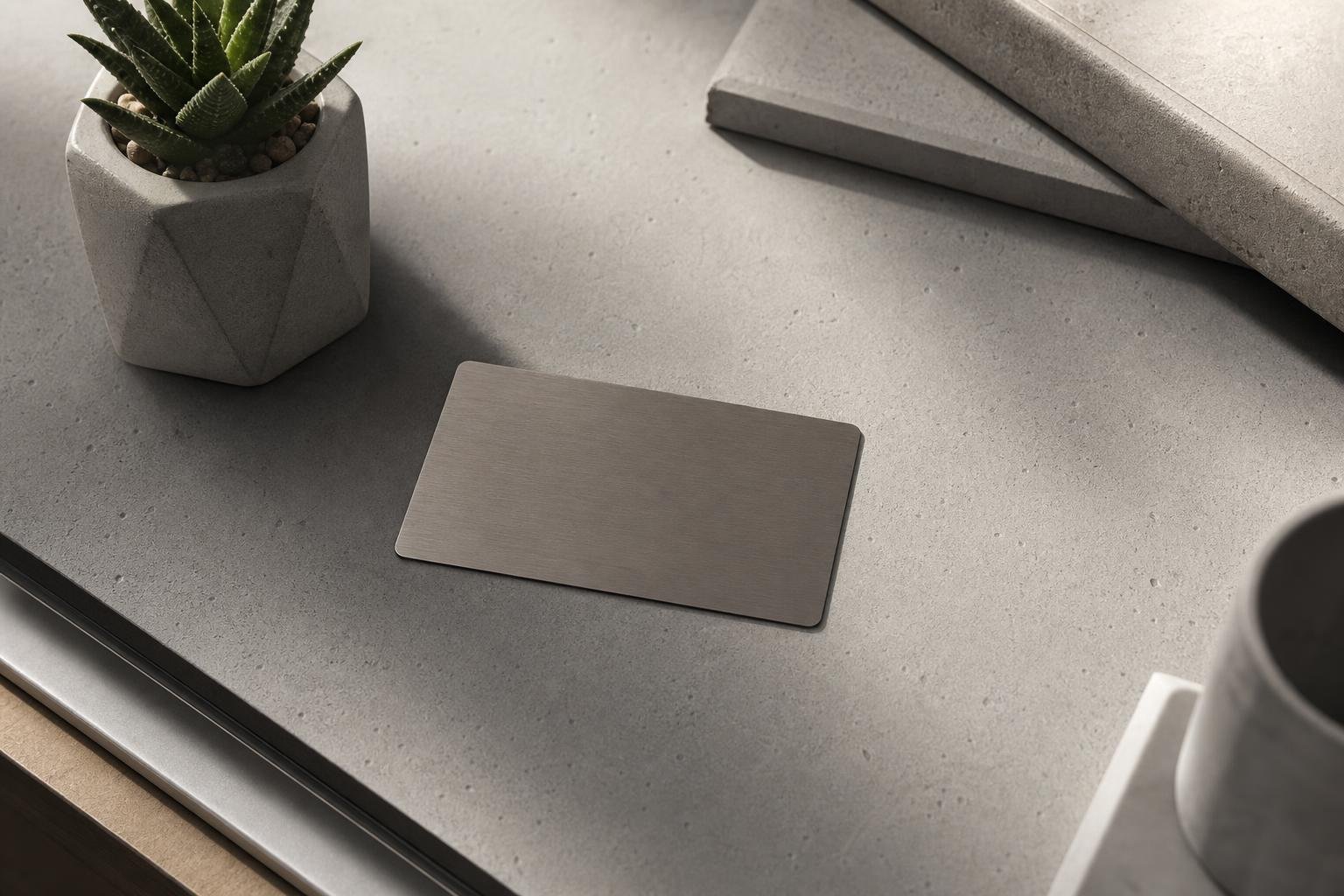 A matte metal card and a small potted plant on concrete, soft natural light