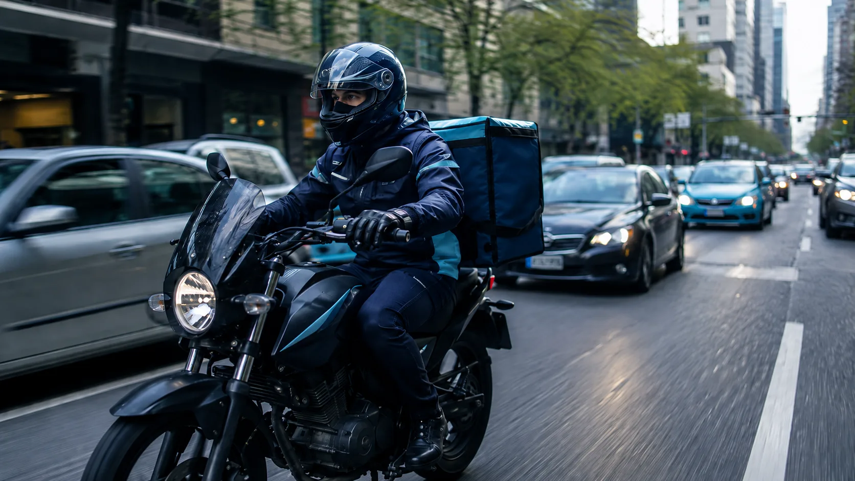 Şehir trafiğinde paket taşıyan motokurye