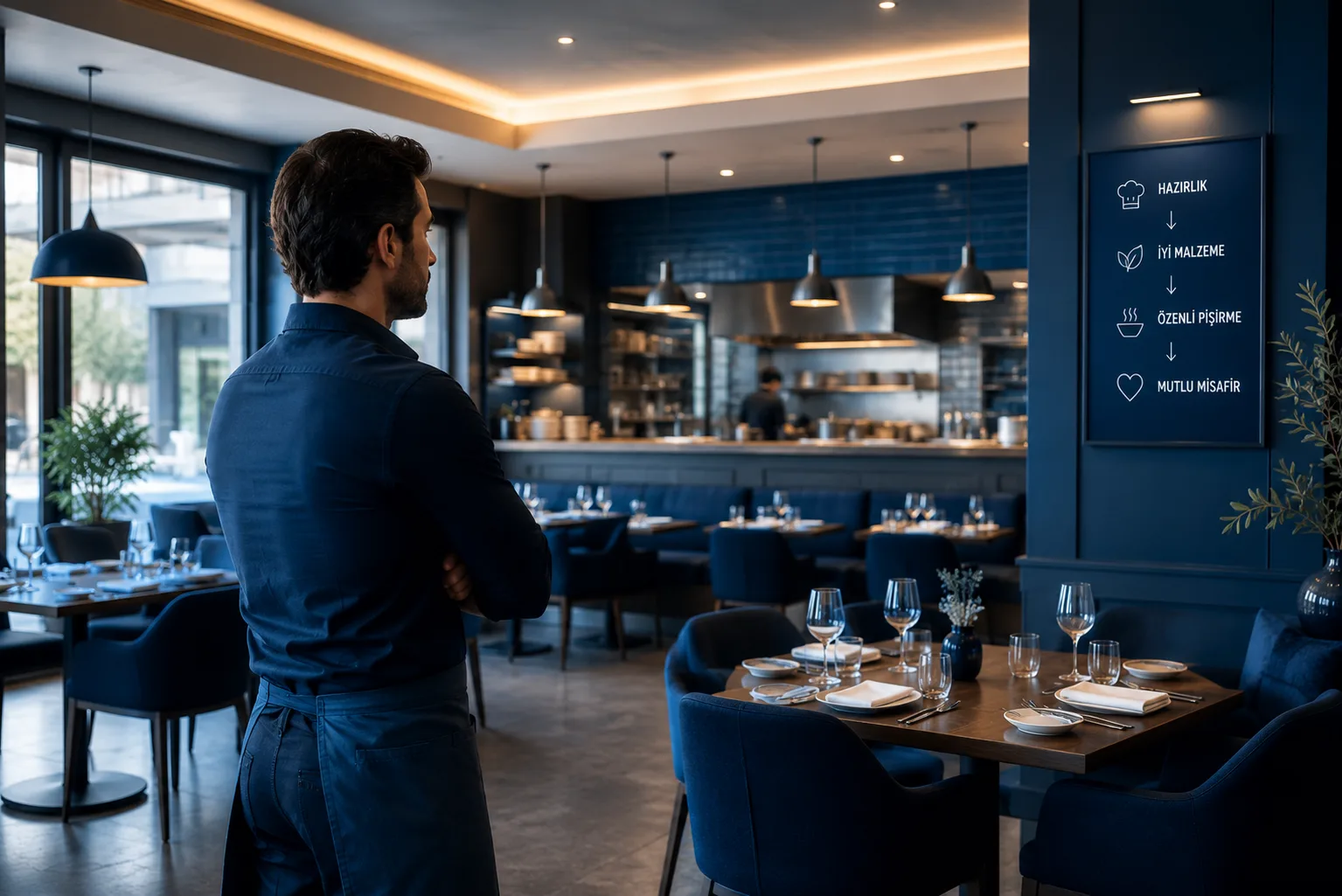 Servis öncesi restoran salonunda duran işletmeci