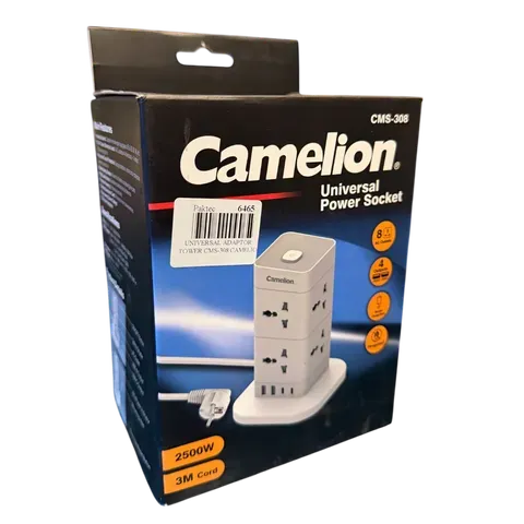 CAMELION UNIVERSAL POWER SOCKET CMS-308 8 WAY 4 USB 2500W WITH SURGE PROTECTION 3 METER CORD FIREPROOF