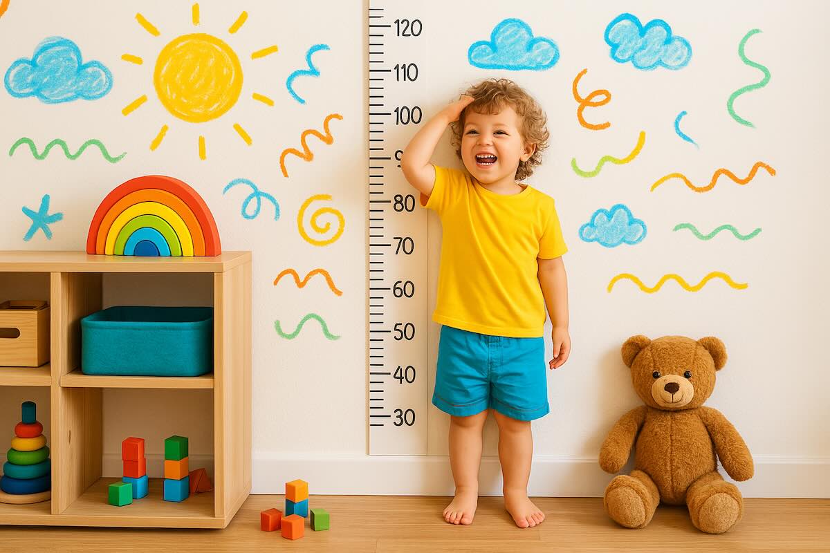 child measuring self on growth chart with teddy in play room