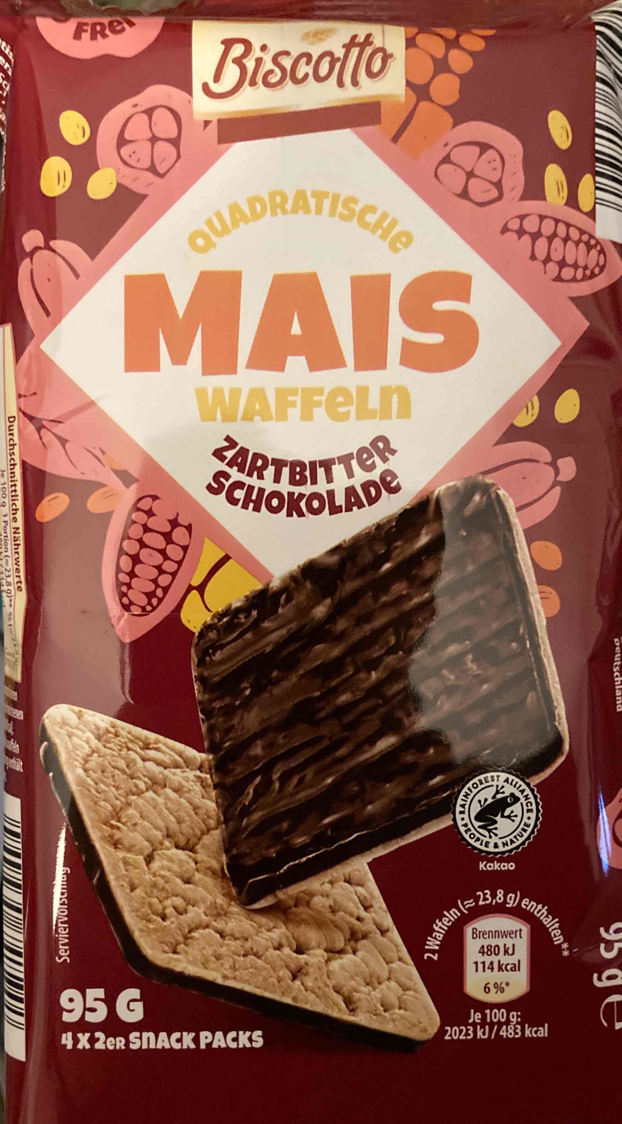 Quadratische Maiswaffeln Zartbitterschokolade