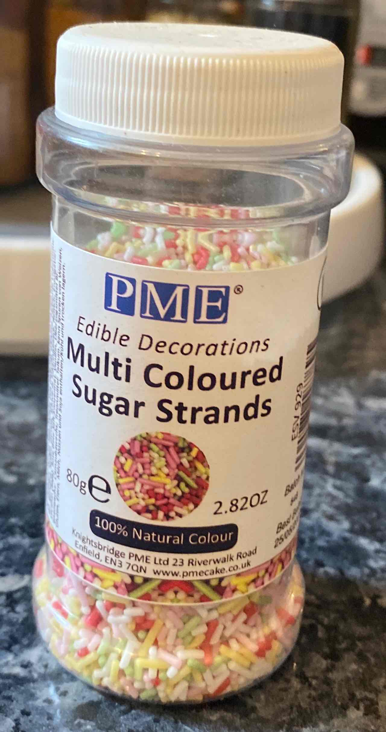 Multi coloured sugar strands