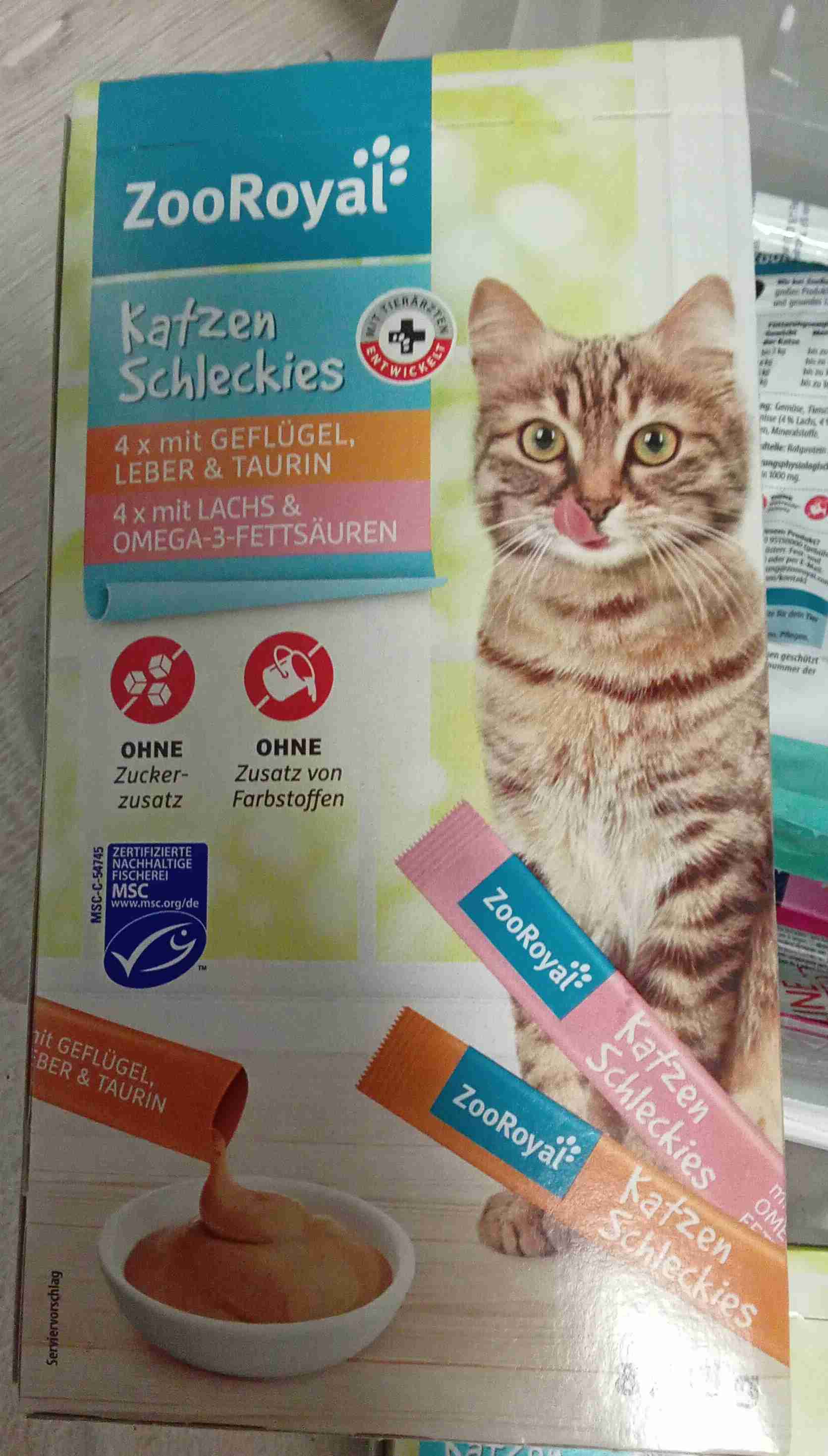 Katzen Schleckies mit mit Geflügel, Leber & Taurin. Lachs & Omega-3-Fettsäure