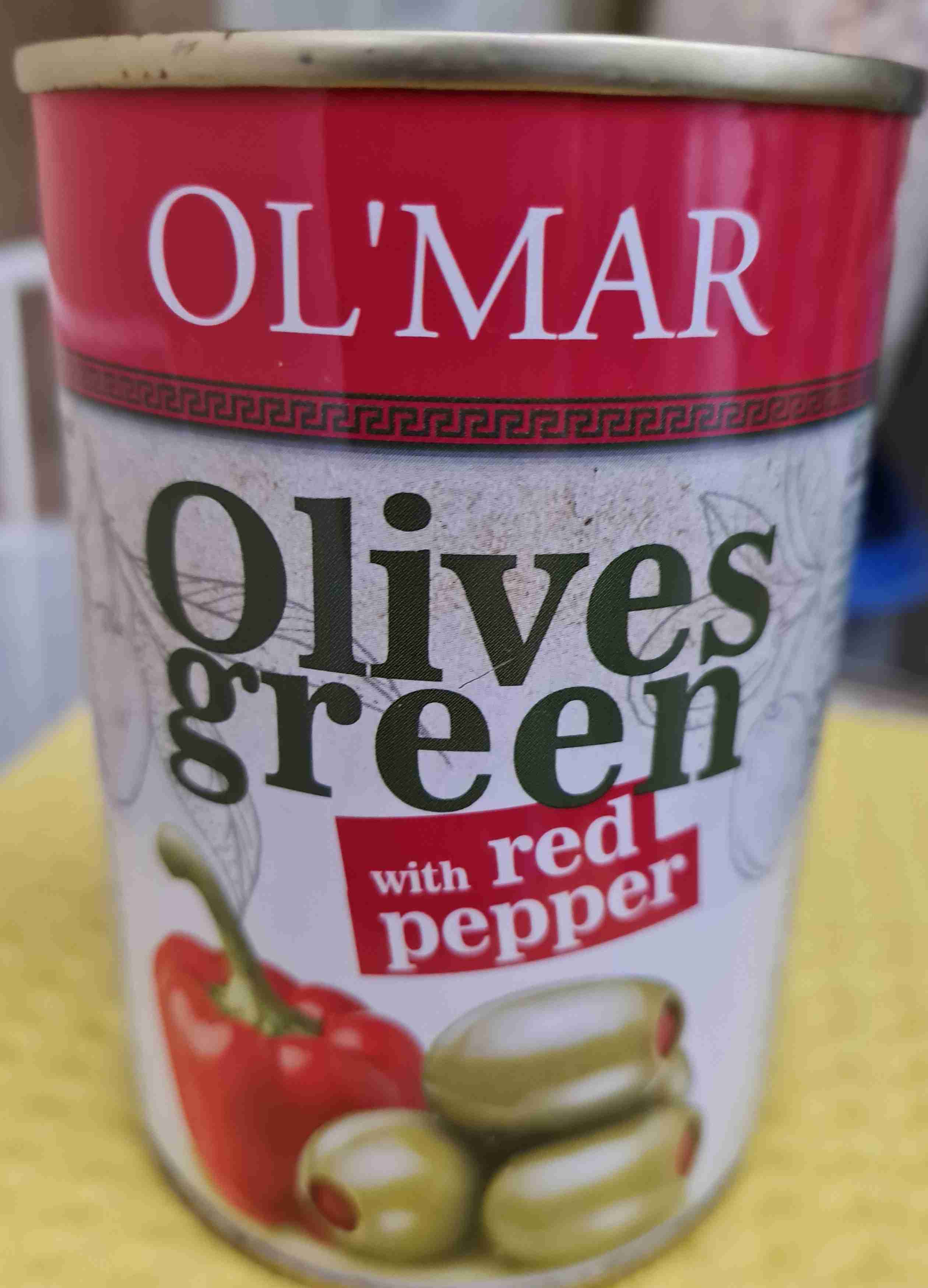 Konservuotos žaliosios alyvuogės su raudona paprika