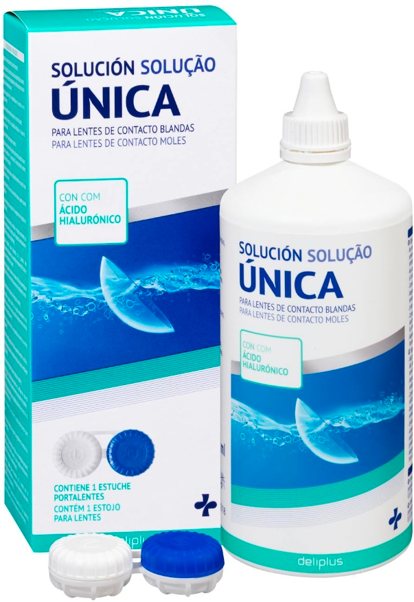 Solución única para lentes de contacto blandas con ácido hialurónico con estuche portalentes