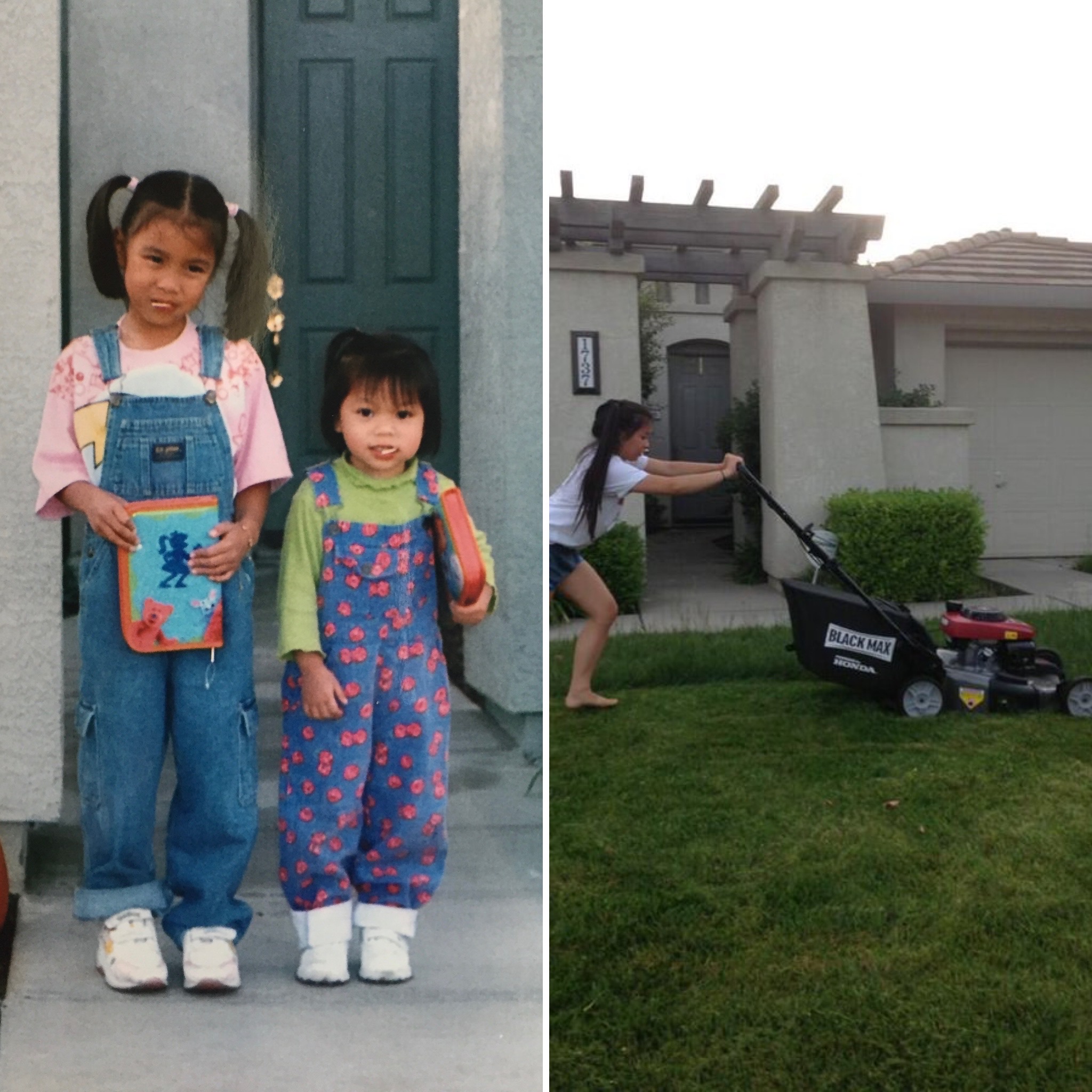 Left: my cousin and me, matching (obviously) in our overalls in front of my house. Right: me in high school attempting to mow our lawn (first and last time I think I did that).