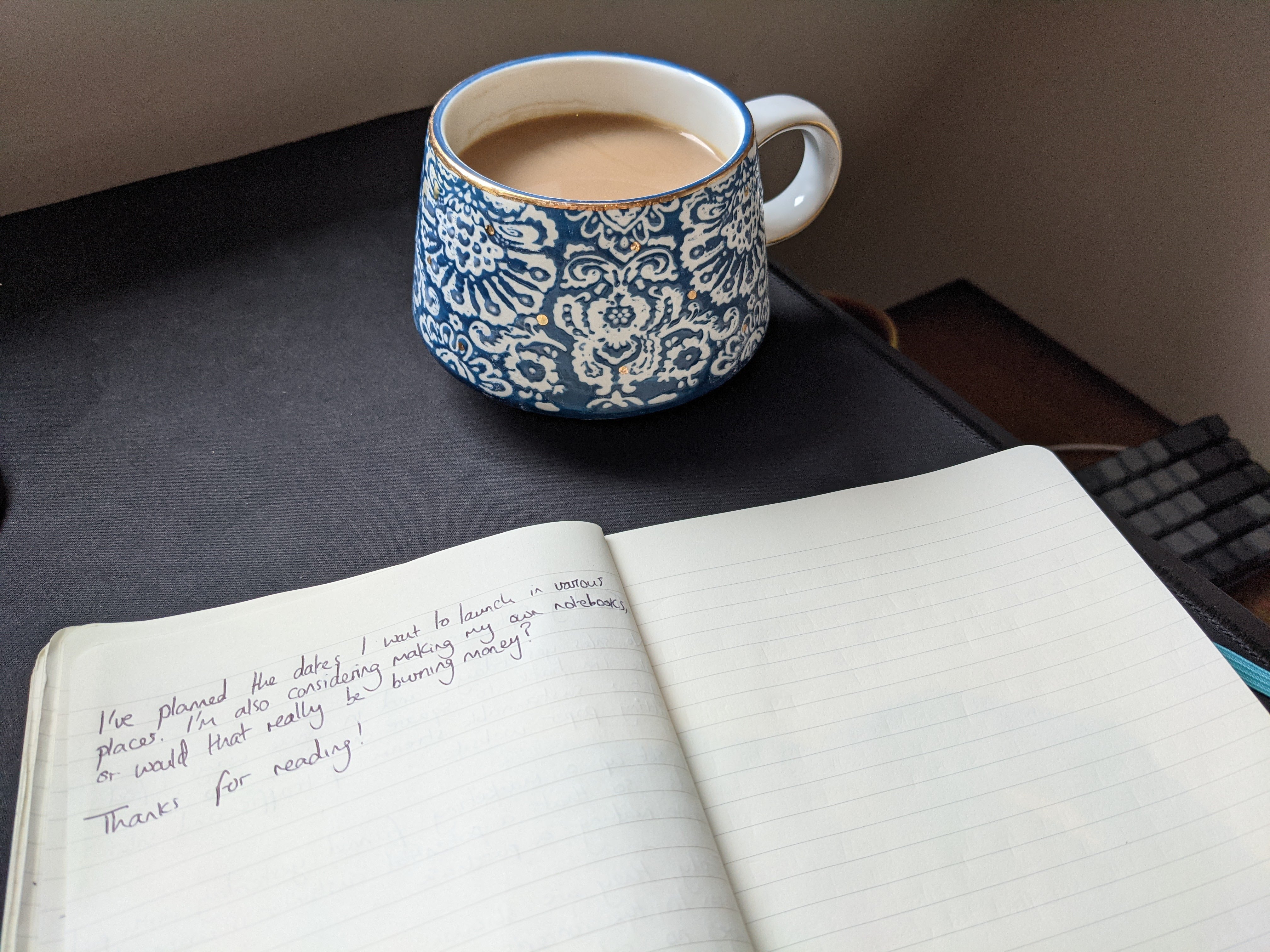 (My writing setup this morning with a nice cup of tea!)