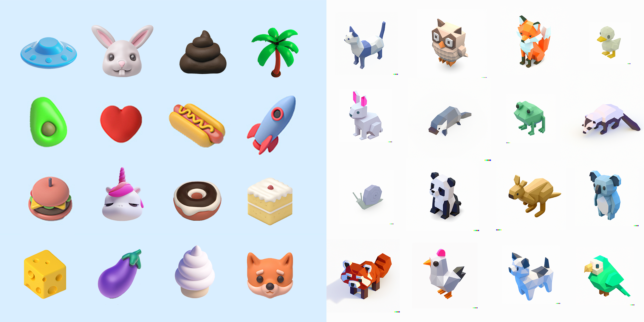 Clay Emojis and Polygon Animal prompt output images