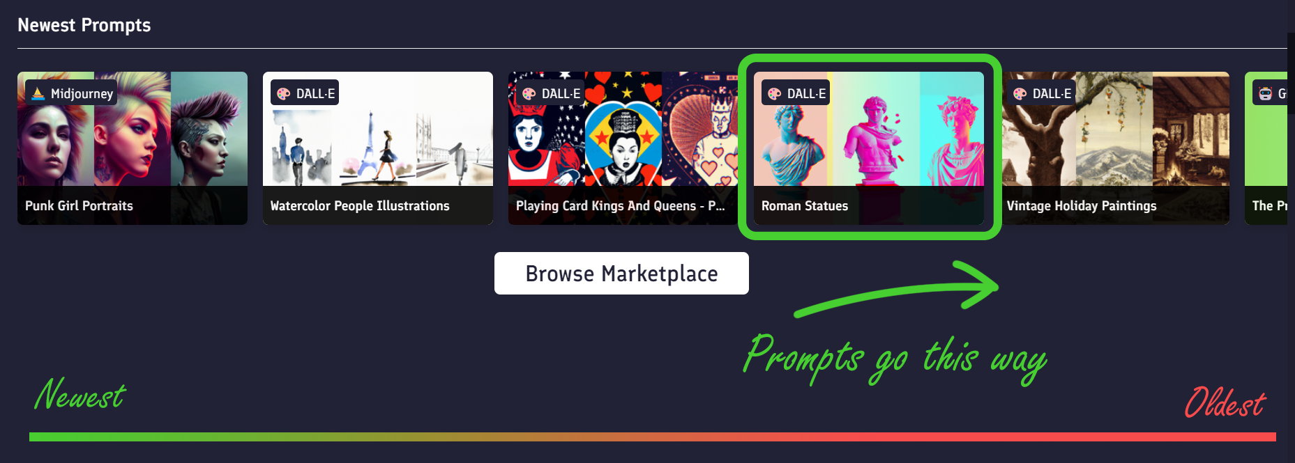 How new prompts flow off the page on PromptBase