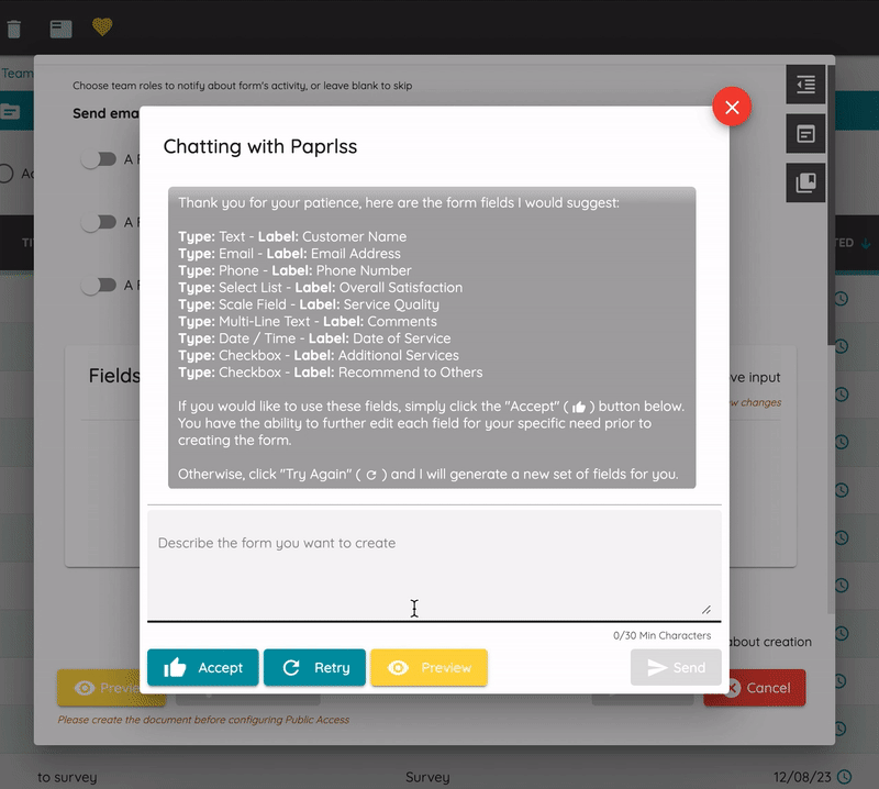 Once accepted the generated fields are added to the document builder
