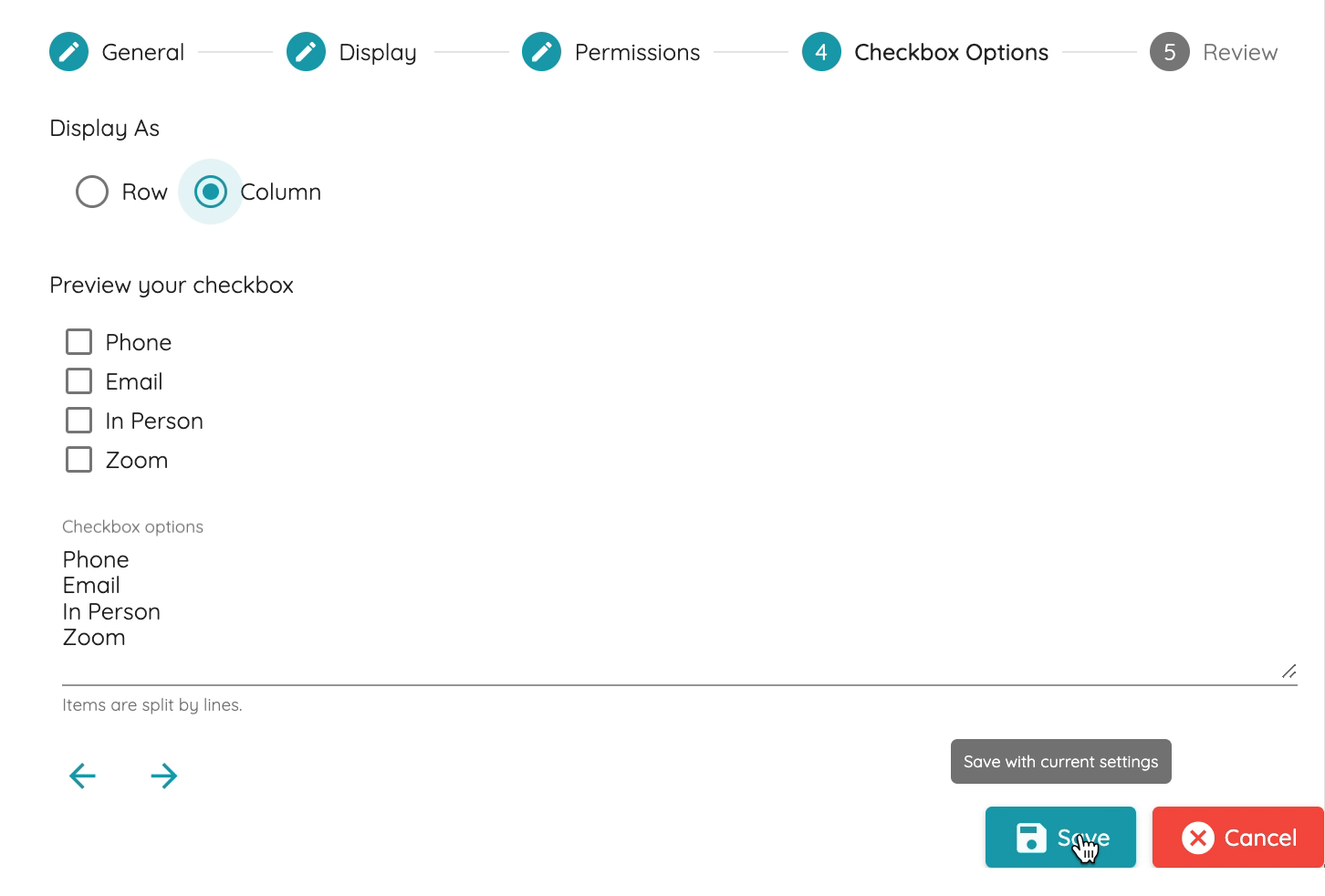 Contact Method field options - display as