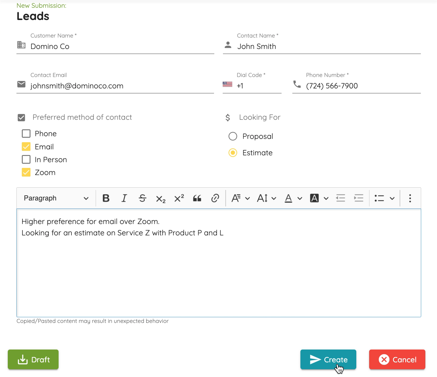 Lead Capture form complete and ready for submit
