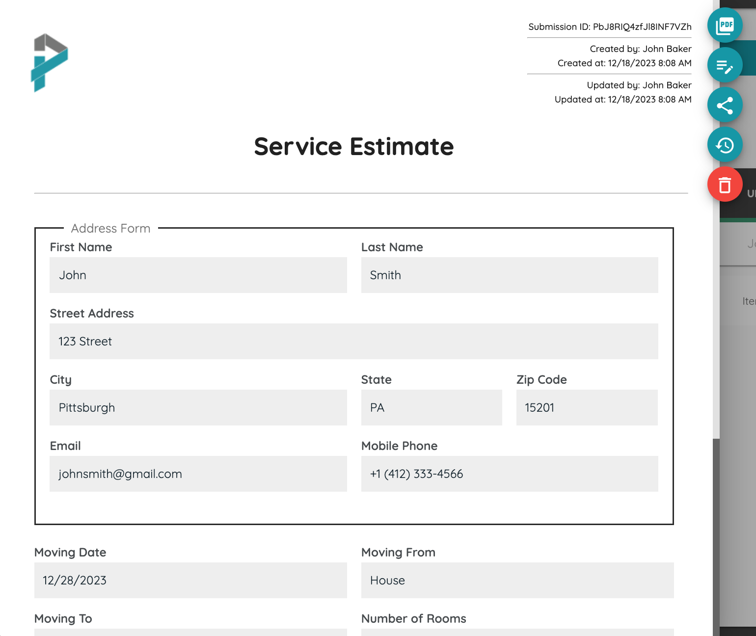 Address Form Subform added to a Service Estimate Form