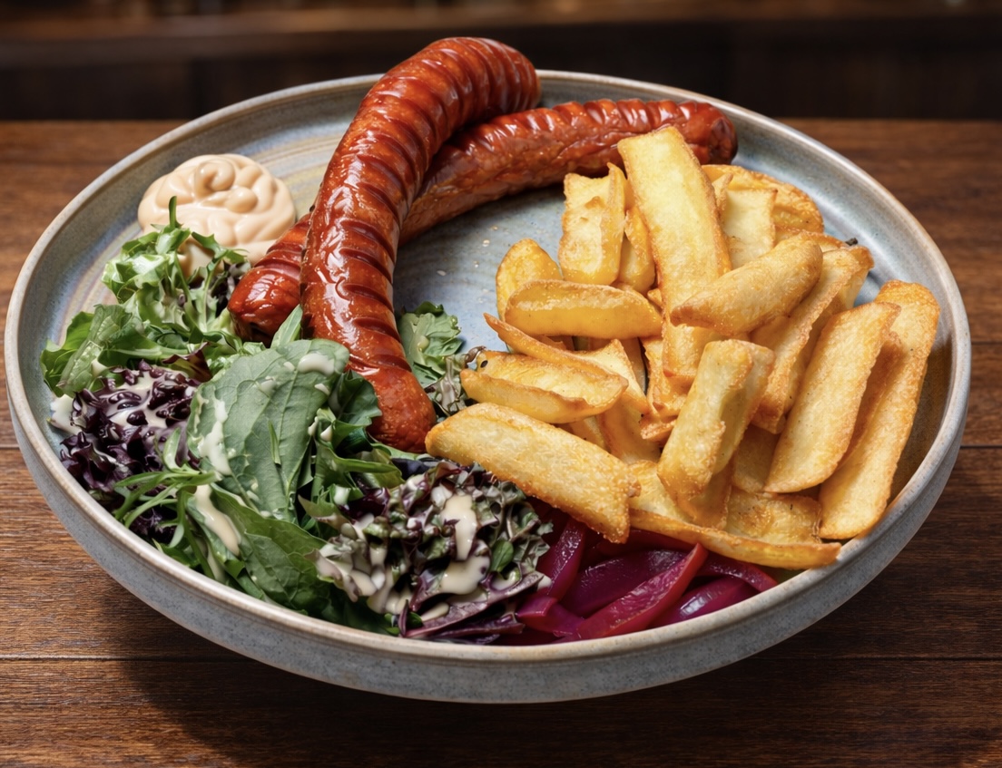Frankfurter sausage with french fries and salad
