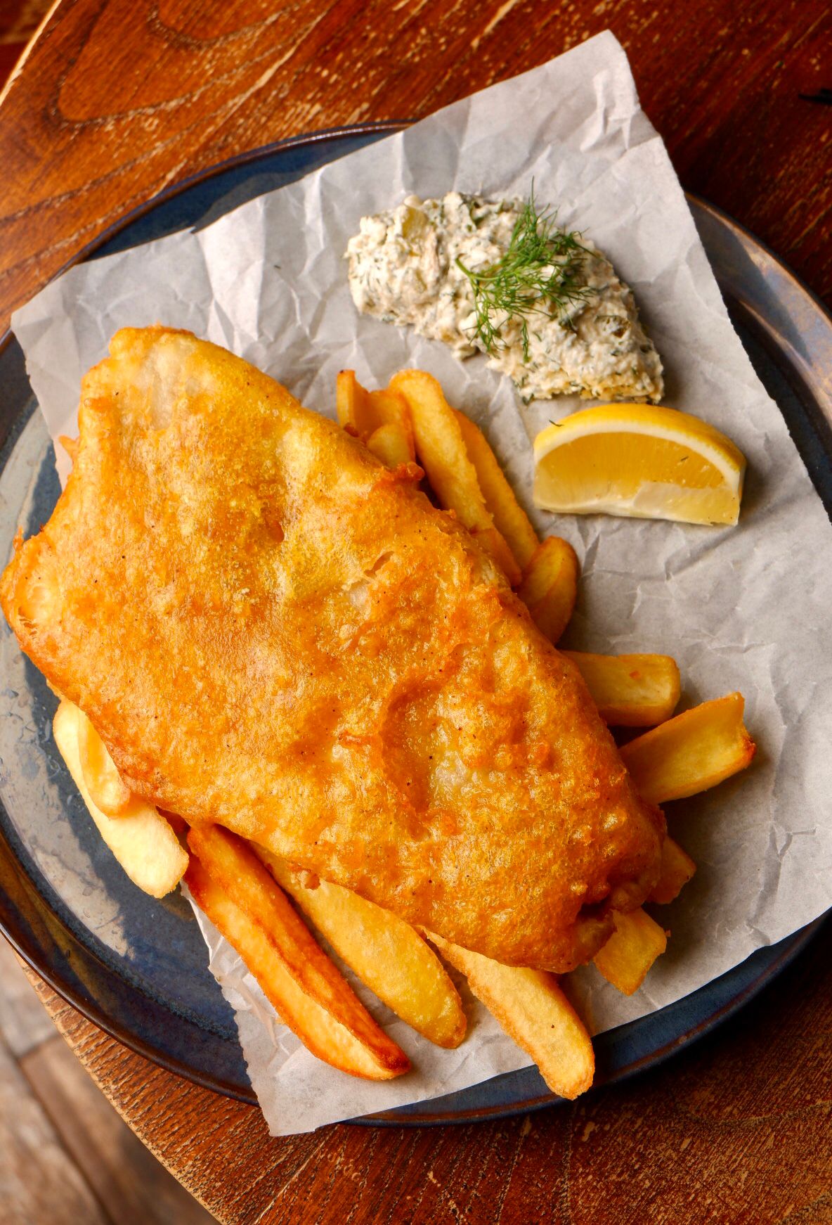 Sea bass fish and chips with tarator