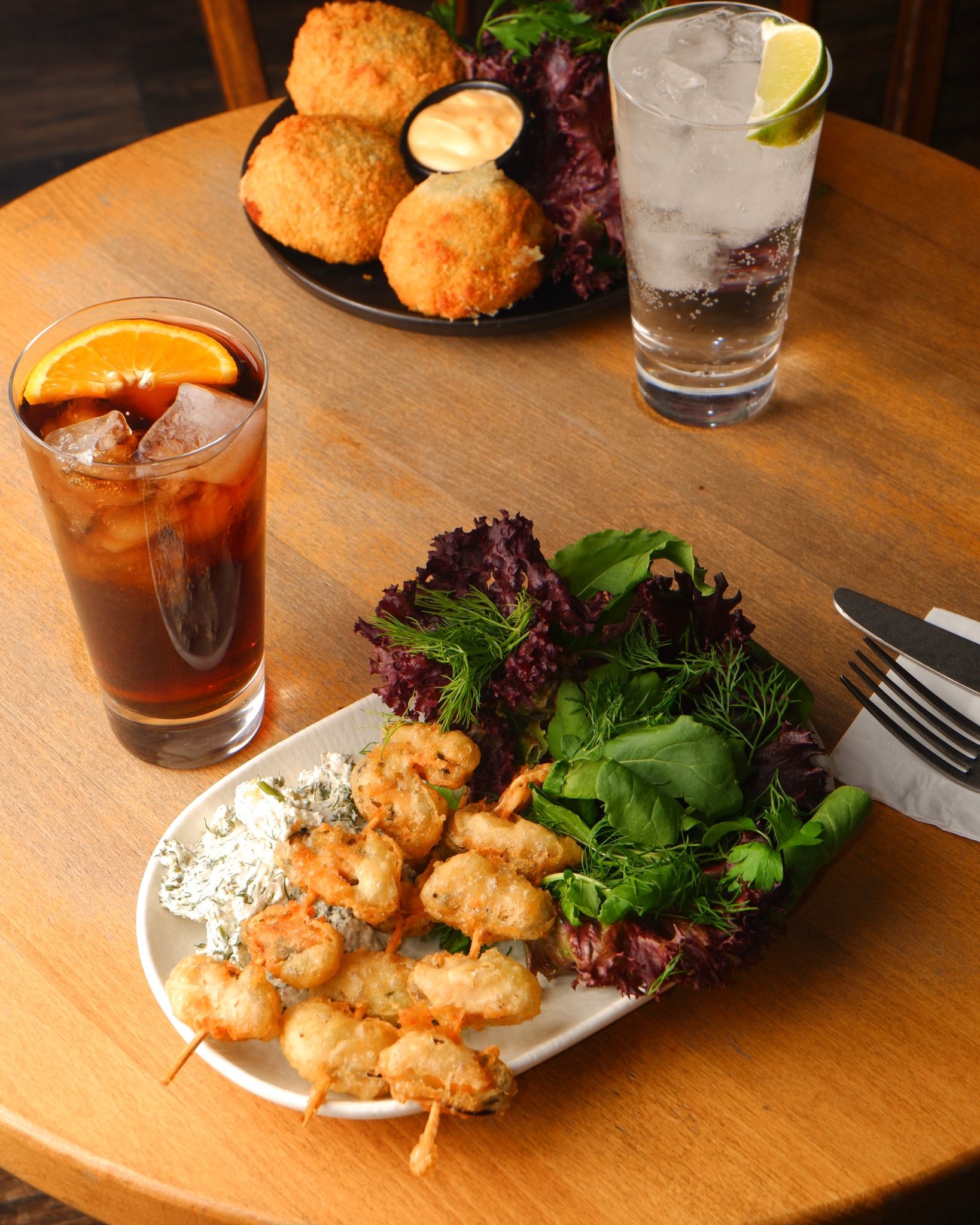 Fried Mussels (12 pieces), Mediterranean Greens, and Tarator