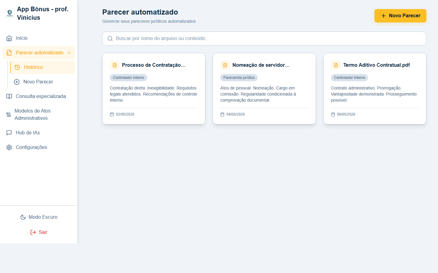 Gerador Automático de Pareceres com IA — interface do sistema de geração automática de pareceres jurídicos