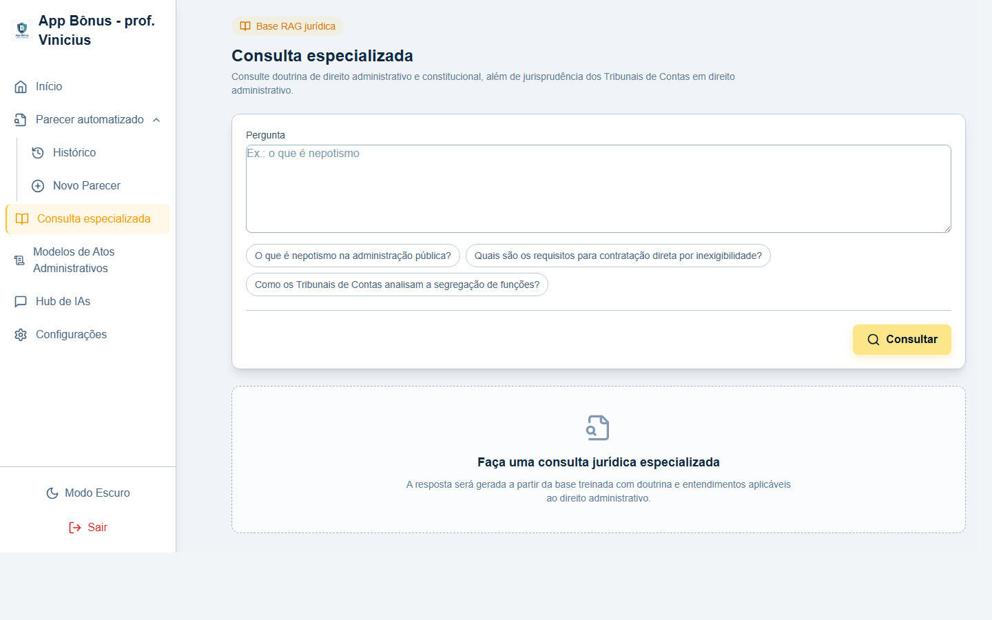 Consulta Especializada em Direito Administrativo com IA — pesquisa de doutrina e jurisprudência dos Tribunais de Contas