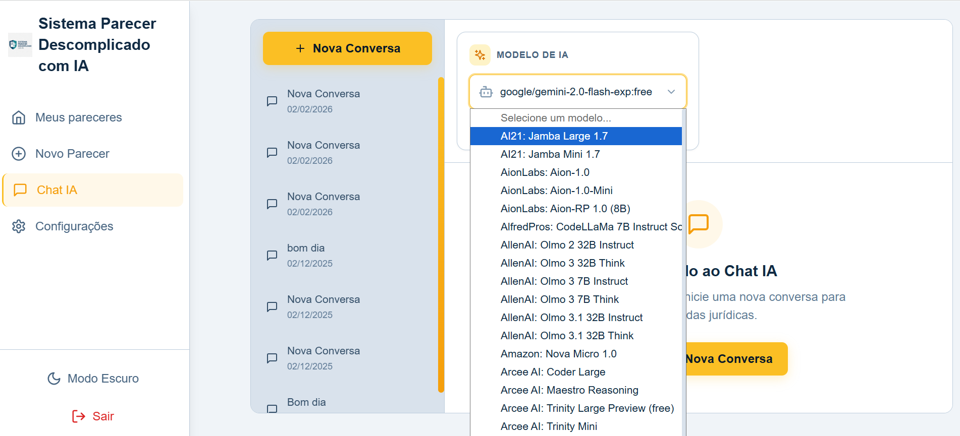 Interface do Chat Multi-IA com diversos modelos de inteligência artificial