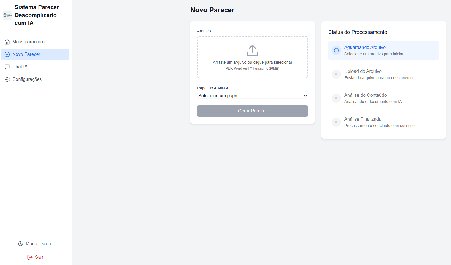App IA Sistema Parecer Descomplicado — interface do sistema de geração de pareceres com inteligência artificial