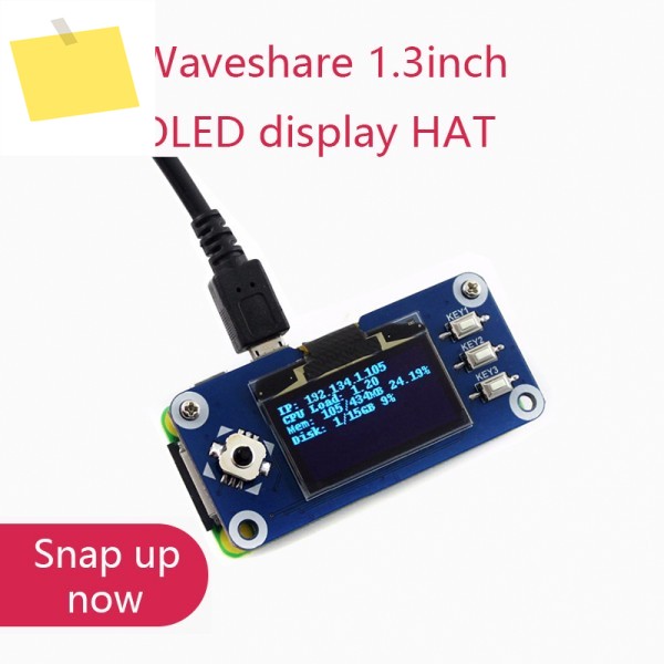 Raspberry Pi 2B3B3B+ZeroZero W,128x64 픽셀,SPI,I2C 인터페이스, 임베디드 컨트롤러용 Waveshare 1.3인치 OLED 디스플레이 HAT 제품 이미지