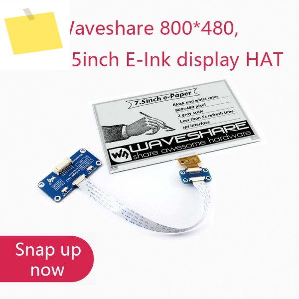 Waveshare 전자 잉크 디스플레이 HAT, 라즈베리 파이 2B, 제로, W용, 2 색: 블랙 화이트, SPI 인터페이스, 백라이트 없음, 800480,7.5 인치 제품 이미지