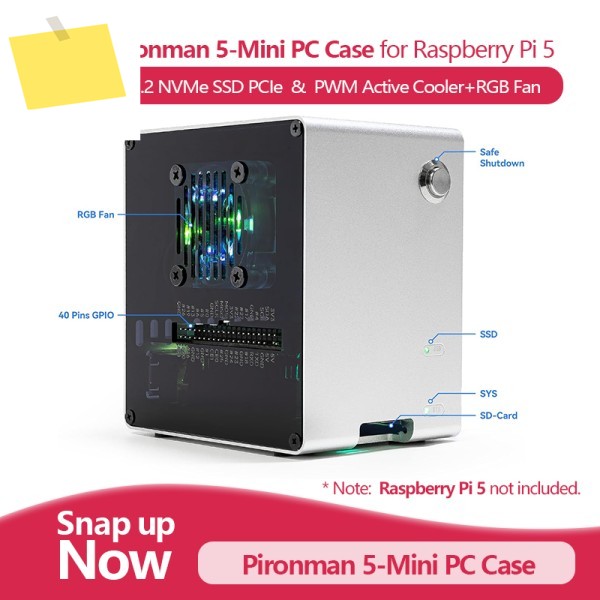 피론맨 5-미니 PC 케이스 라즈베리 파이 5용, 별매 M.2 NVMe SSD 지원, PWM 액티브 쿨러+RGB 팬 포함 제품 이미지
