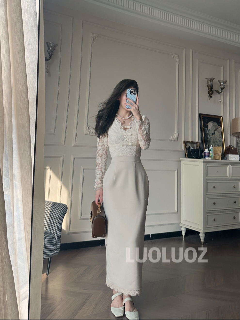LUOLUOZ벚꽃 그림자가을을 위한 우아한 스탠드 칼라 허리 슬리밍 롱 패션 드레스 JF100 제품 이미지