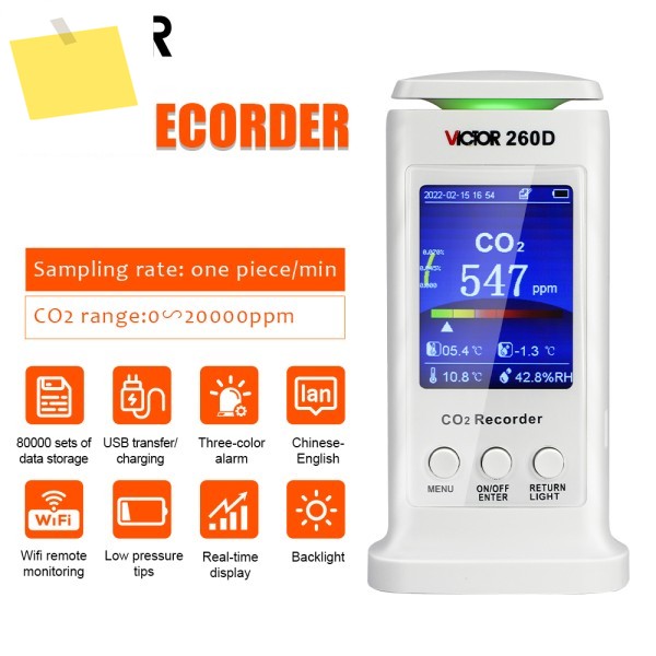 VICTOR 260D 트루 컬러 FPC CO2 가스 분석기 범위 0-20000 Ppm 알람 USB 레코더 WiFi 원격 모니터링 제품 이미지