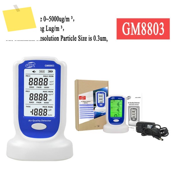 BENETECH GM8803 미니 공기질 감지기 LCD 백라이트 디스플레이로 수준 PM2.5 및 PM10 농도 측정 제품 이미지
