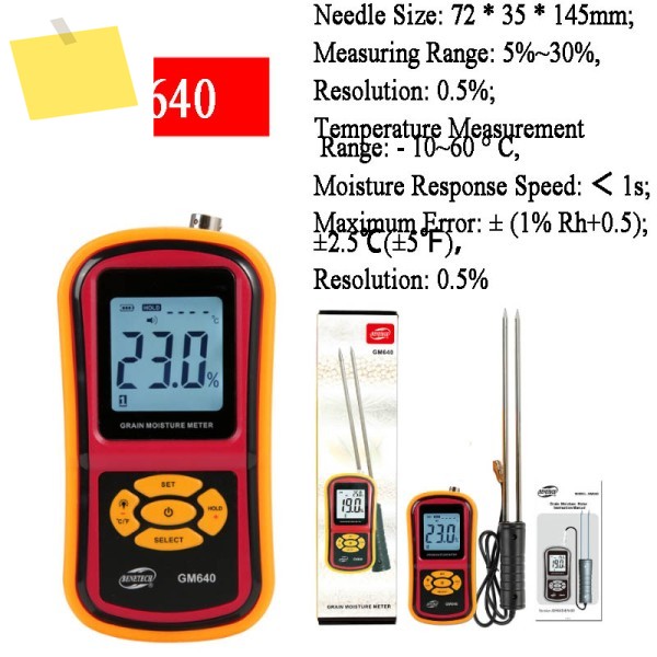 BENETECH 디지털 곡물 수분 계량기, 측정 프로브 포함, 옥수수 밀 쌀용 휴대용 LCD 테스터, GM640 제품 이미지