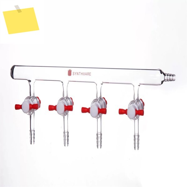 단일 행 파이프가 있는 진공 가스 분배기, 매니폴드, PTFE 스톱콕, 붕규산 유리, M19,SYNTHWARE 제품 이미지