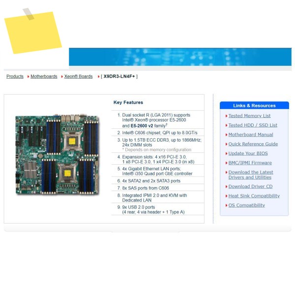 슈퍼마이크로 PC 마더보드 LGA2011 E5-2600 V1V2 제품군 ECC DDR3용 X9DR3-LN4F+ 제품 이미지